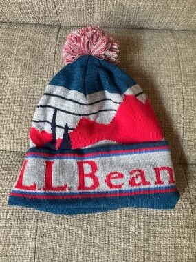 L.L. Bean Colorblock Pom Beanie in Blue, Red & Gray